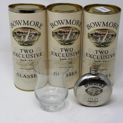 530 - Six Bowmore Exclusive Islay single malt whisky glasses and a flask. P&P Group 3 (£25+VAT for the fir... 