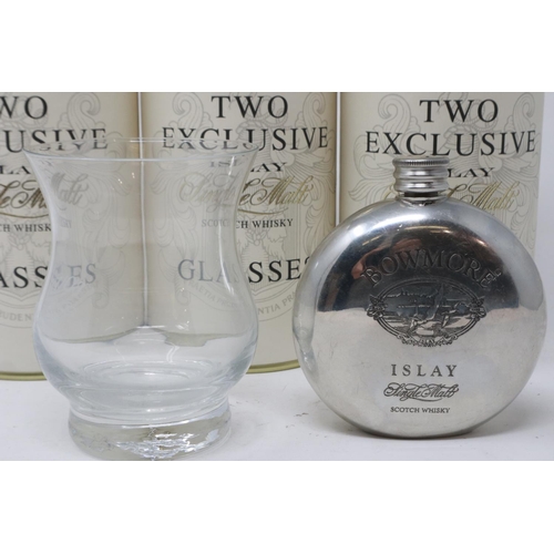 530 - Six Bowmore Exclusive Islay single malt whisky glasses and a flask. P&P Group 3 (£25+VAT for the fir... 