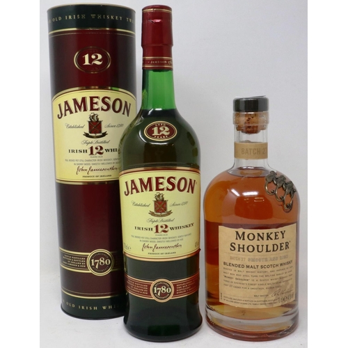 536 - Jameson Irish whiskey aged 12 years, 700ml, 40% proof, sleeved, and Monkey Shoulder blended malt 70c... 