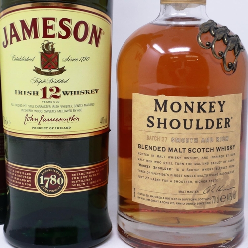 536 - Jameson Irish whiskey aged 12 years, 700ml, 40% proof, sleeved, and Monkey Shoulder blended malt 70c... 