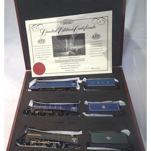 2466 - OO gauge Bachmann presentation set of three class A4 locomotives; Commonwealth of Australia 4491-LNE... 