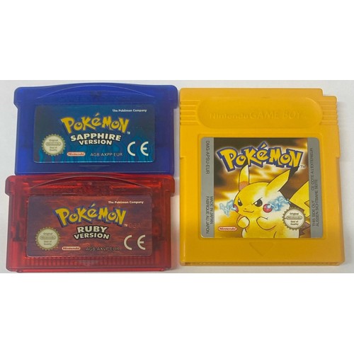 2071A - Three Pokemon games to include, Pokemon Yellow for Game Boy, Pokemon Ruby for Game Boy Advance, Poke... 