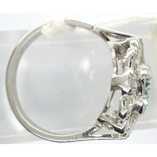 11 - 18ct white gold, aquamarine and old cut diamond ring, size O/P, 5.0g. Central aquamarine approximate... 