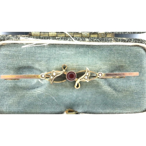 2 - 9ct gold bar brooch set with amethyst and seed pearl, L: 60 mm, 2.2g. P&P Group 1 (£14+VAT for the f... 