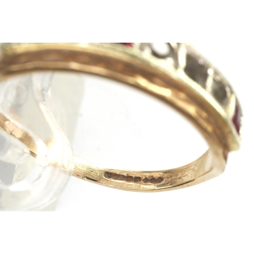 25 - 9ct gold half eternity ring set with rubies and topaz, size L, 2.4g, one stone missing. P&P Group 1 ... 