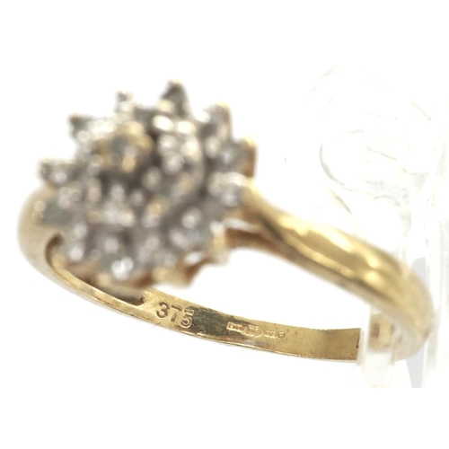 29 - 9ct gold diamond cluster ring, size K/L, 1.6g. P&P Group 1 (£14+VAT for the first lot and £1+VAT for... 