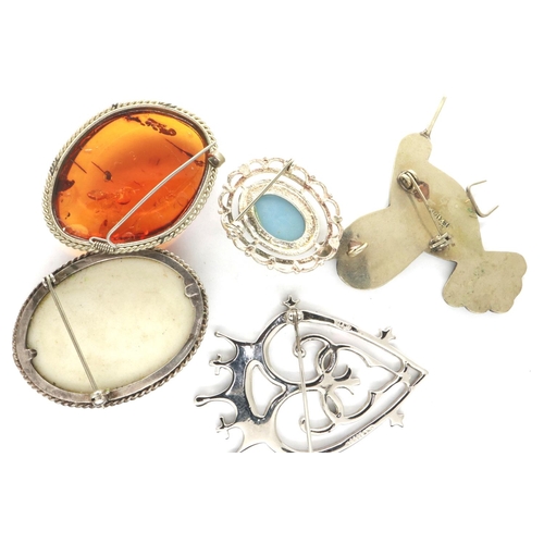 40 - Five 925 silver and white metal stone set brooches, largest H: 45 mm. P&P Group 1 (£14+VAT for the f... 