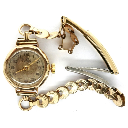 89 - BENTIMA STAR: 9ct gold cased ladies wristwatch on a rolled gold and stainless steel bracelet, not wo... 