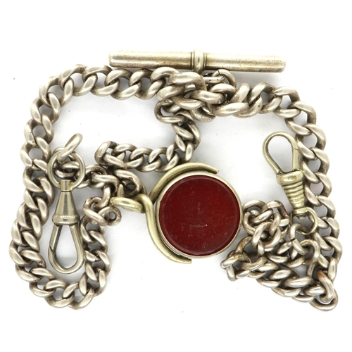 98 - White metal graduated double Albert watch chain with banded agate and carnelian set spinning fob, ch... 