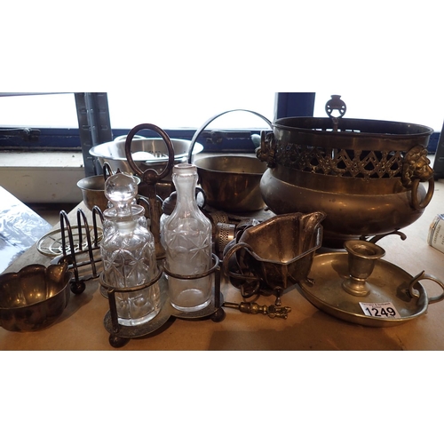 1249 - Collection of mixed brass and silver plate including condiment set, toast rack etc. Not available fo... 