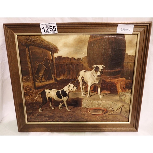 1255 - Victorian oil on canvas of dogs in a farmyard, 22 x 35 cm. Not available for in-house P&P