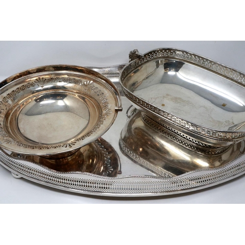 118 - Large silver plated galleried tray, L: 60 cm, with a Mappin & Webb swing handled bowl and a basket. ... 