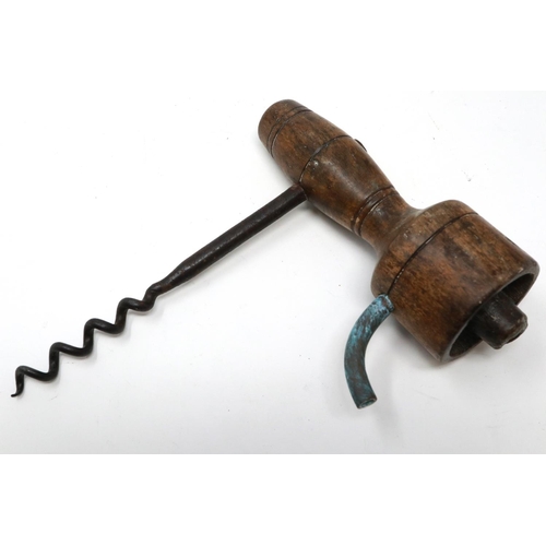 125 - Wooden Codd bottle opener and corkscrew, lacking brush, age related marks, corrosion to cork screw. ... 