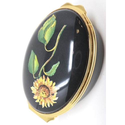 129 - Halcyon Days enamel sunflower pot, H: 60 mm, enamel and gilt all intact, no losses or visible damage... 