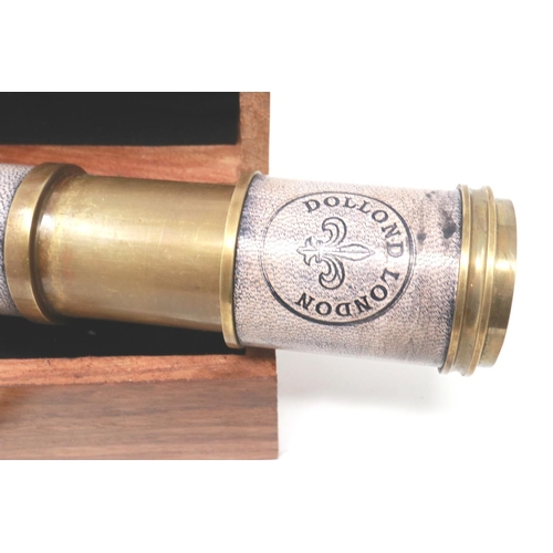 141 - Boxed brass and leather telescope, Dolland London, L: 36 cm, extended. P&P Group 3 (£25+VAT for the ... 