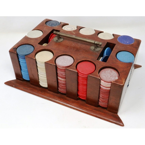 143 - Early 20th century poker-chip rack, with contents, for restoration, 29 x 20 x 10 cm H. P&P Group 2 (... 