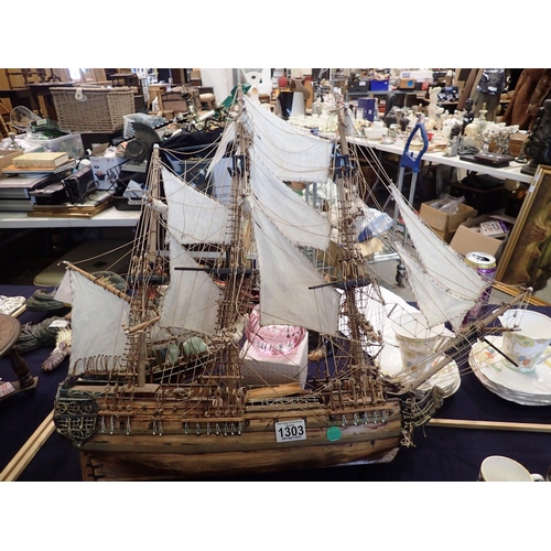 1303 - Triple mast wooden model ship, H: 50 cm, and another. Not available for in-house P&P