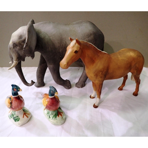 1307 - Coalport elephant, Beswick horse and two Beswick pheasants, largest H: 15 cm. Horse has chip to one ... 