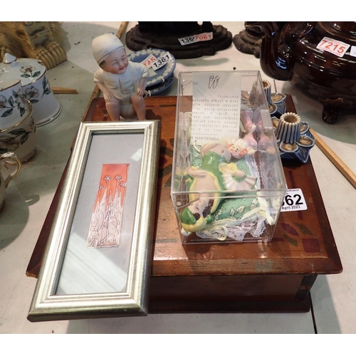 1362 - Painted box containing pin cushion dolls and Wade candlesticks etc. P&P Group 2 (£18+VAT for the fir... 