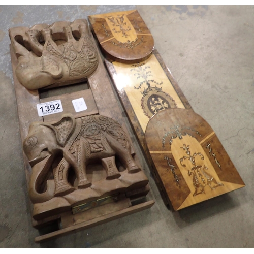 1392 - Two wooden bookslides including an inlaid example. Not available for in-house P&P