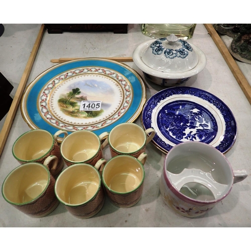 1405 - 19th century ceramics including a painted cabinet plate, coffee cans etc. Not available for in-house... 