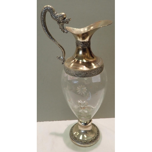 1421 - Glass and silver plated claret jug, H: 28 cm. Not available for in-house P&P