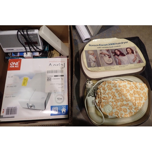 1464 - Box of mixed electricals including hair dryers, clock radio etc. Not available for in-house P&P