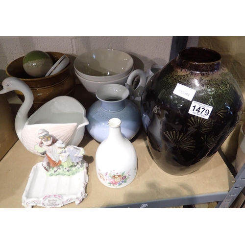 1479 - Shelf of mixed ceramics to include vases, largest H: 40 cm. Not available for in-house P&P