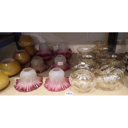 1489 - Two sets of coloured glass light shades, with further examples. Not available for in-house P&P