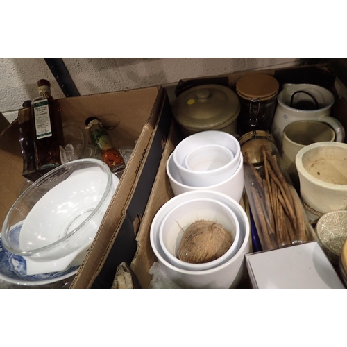 1505 - Two boxes of mixed kitchen items including glassware, ceramics, planters etc. Not available for in-h... 