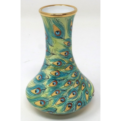 170 - Small Moorcroft enamelled stem vase with peacock design, H: 90 mm, chip to base. P&P Group 1 (£14+VA... 