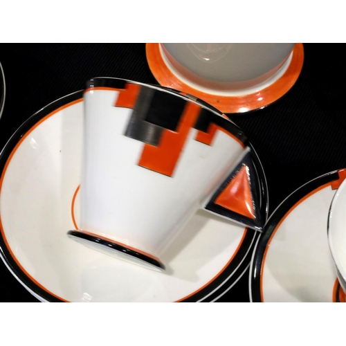 192 - Shelley coffee service of twelve pieces, in the Orange Blocks pattern, number 11786, crack to base o... 