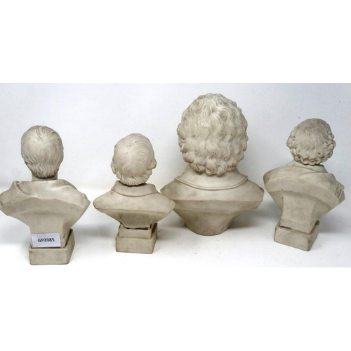 253 - Parian Ware figurines, three marked for Robinson and Leadbetter, largest H: 22 cm, one reglued to ba... 