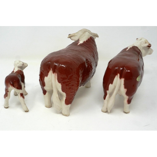 258 - Beswick Hereford bull, cow and calf, largest H: 11 cm, no cracks or chips (3). P&P Group 2 (£18+VAT ... 