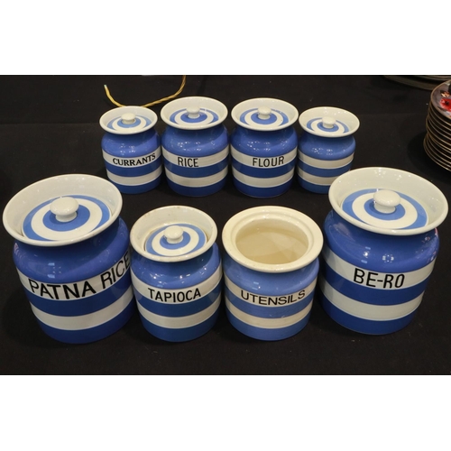 263 - Eight Green & Co blue and white name storage jars, largest H: 18 cm, lacking one cover. Small marks ... 