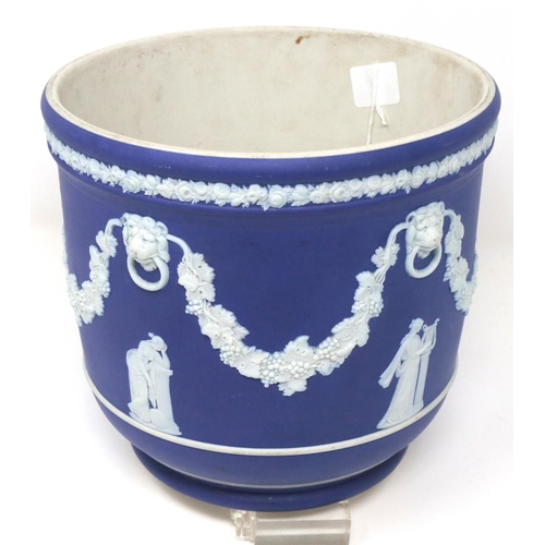 267 - Wedgwood Jasperware planter in Royal Blue, H: 24 cm, signs of wear throughout. P&P Group 2 (£18+VAT ... 