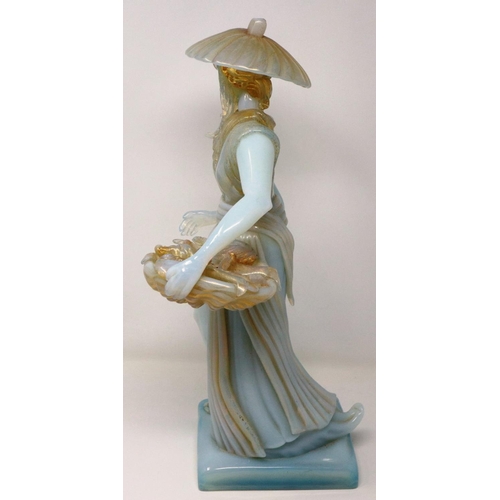 274 - Continental opalescent glass figurine of a Chinese fish seller, with gilt highlights, unsigned, H: 4... 