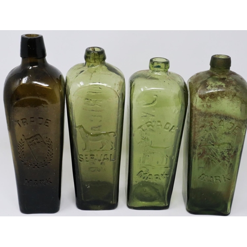 279 - Nine 19th century tapering liquor bottles, chips and fleabites to multiple bottle rims and obvious s... 