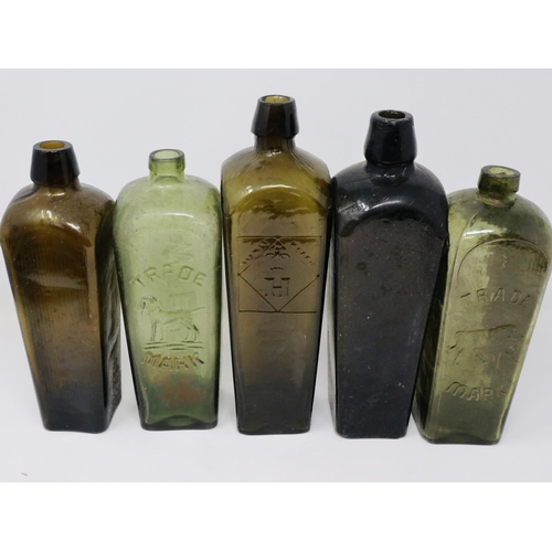 279 - Nine 19th century tapering liquor bottles, chips and fleabites to multiple bottle rims and obvious s... 