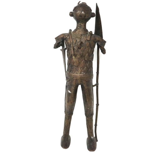 283 - Bronze Tribal warrior statue with sword and spear, H: 43 cm. P&P Group 3 (£25+VAT for the first lot ... 