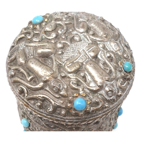 291 - White metal Oriental covered pot, set with blue cabochons, H: 90 mm. P&P Group 1 (£14+VAT for the fi... 