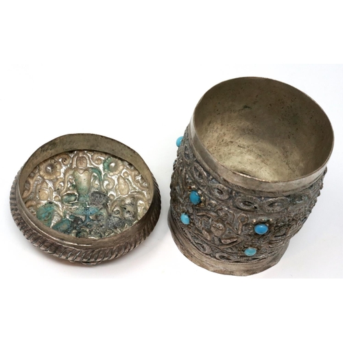 291 - White metal Oriental covered pot, set with blue cabochons, H: 90 mm. P&P Group 1 (£14+VAT for the fi... 