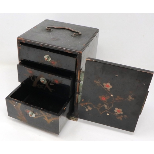 296 - Oriental brass and wooden lacquered drawers, 13 x 13 x 17 cm. P&P Group 2 (£18+VAT for the first lot... 