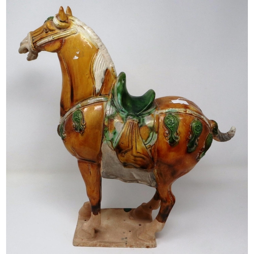 302 - Chinese Tang Style horse with a sancai glaze, H: 38 cm, tail of horse has had restoration, otherwise... 