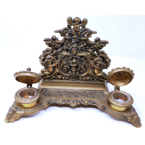 315 - Cast brass desk stand, with double inkwell and letter rack in the Art Nouveau manner, 30 x 20 x 20 c... 