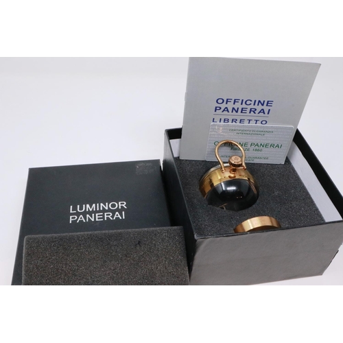 336 - Luminor Panerai Radiomir eight day desk clock, boxed, H: 13 cm, working at lotting but requires atte... 