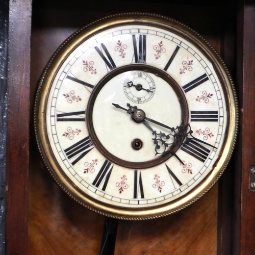 340 - Walnut cased Vienna wall clock, with pendulum display door, H: 126 cm, requires attention. Not avail... 