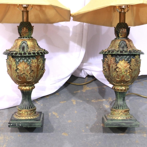 345 - Pair of gilt resin table lamps with shades, H: 80 cm. All electrical items in this lot have been PAT... 