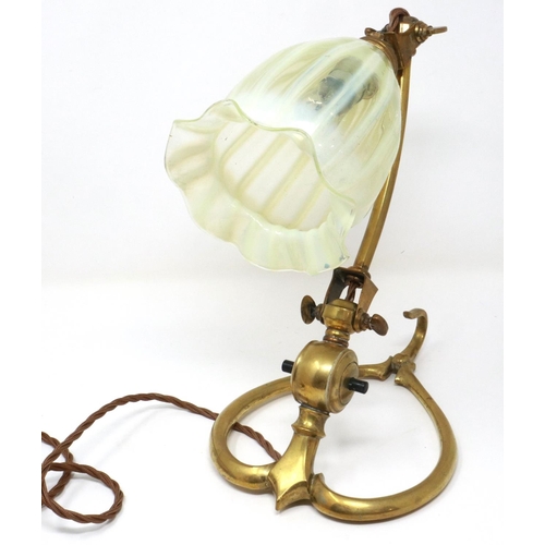 350 - Vintage brass desk lamp with milk glass shade, H: 25 cm. Light surface scratches to shade and fleabi... 