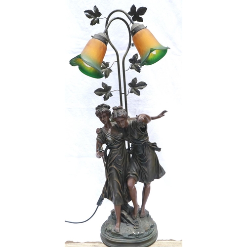 351 - Large figural table lamp, in the Art Nouveau manner, with two coloured glass shades, overall H: 96 c... 